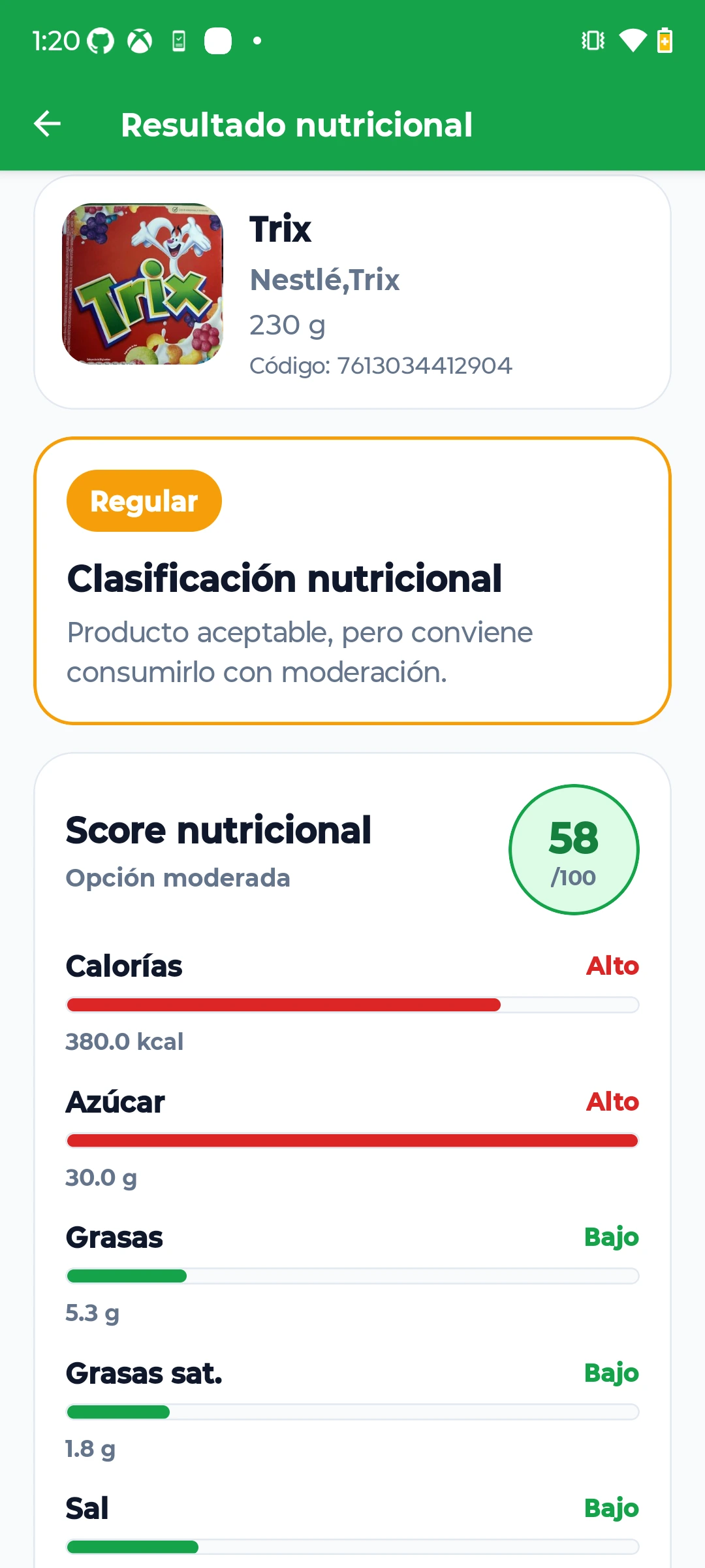 NutriMVP — Nutrition result