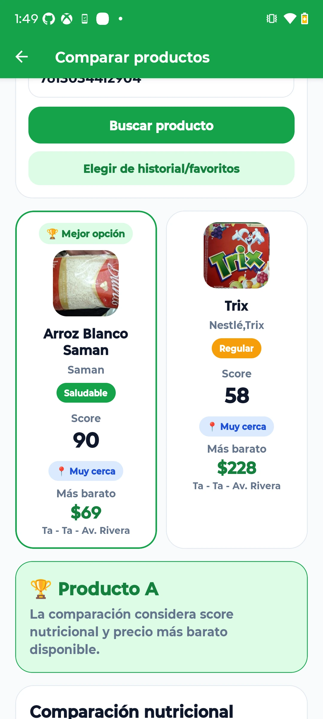 NutriMVP — History and favorites