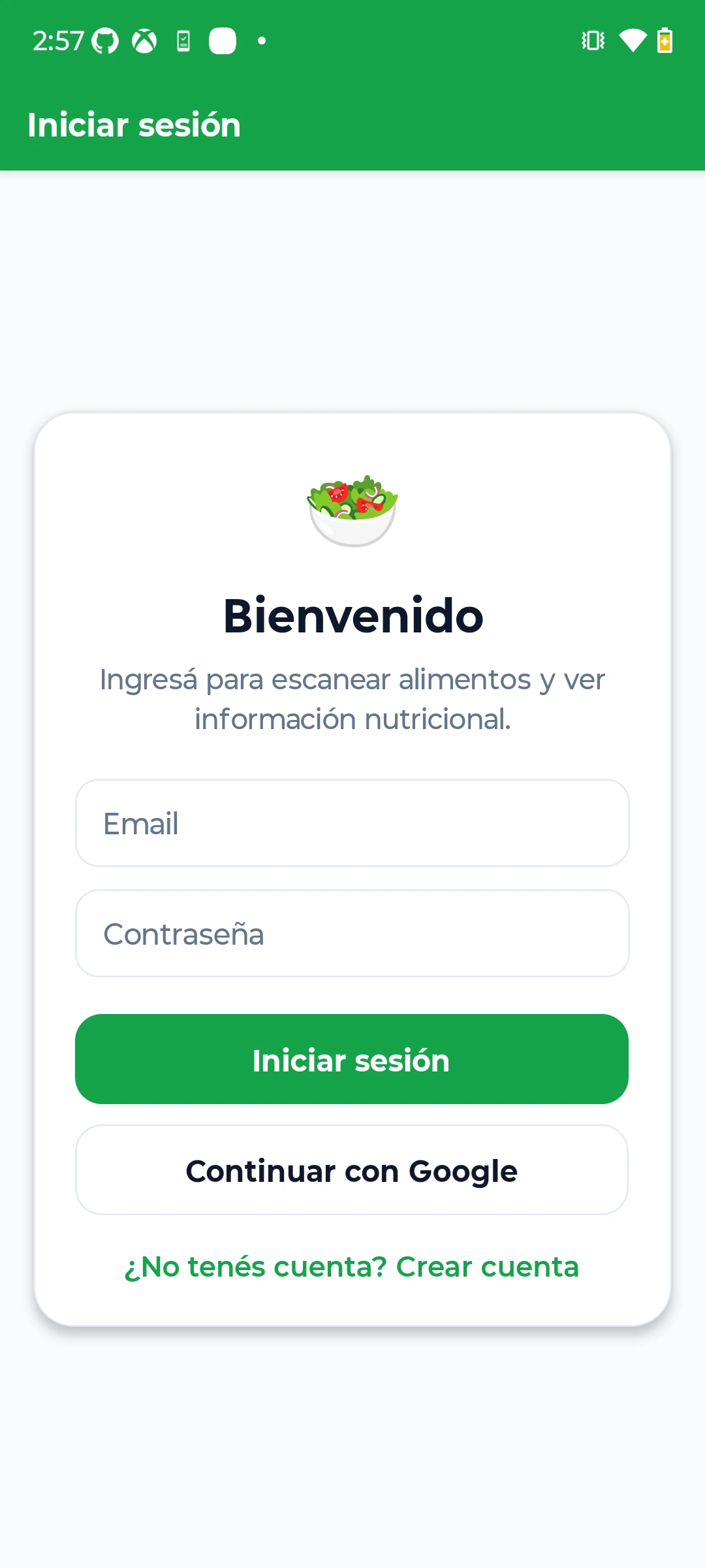 NutriMVP — pantalla principal