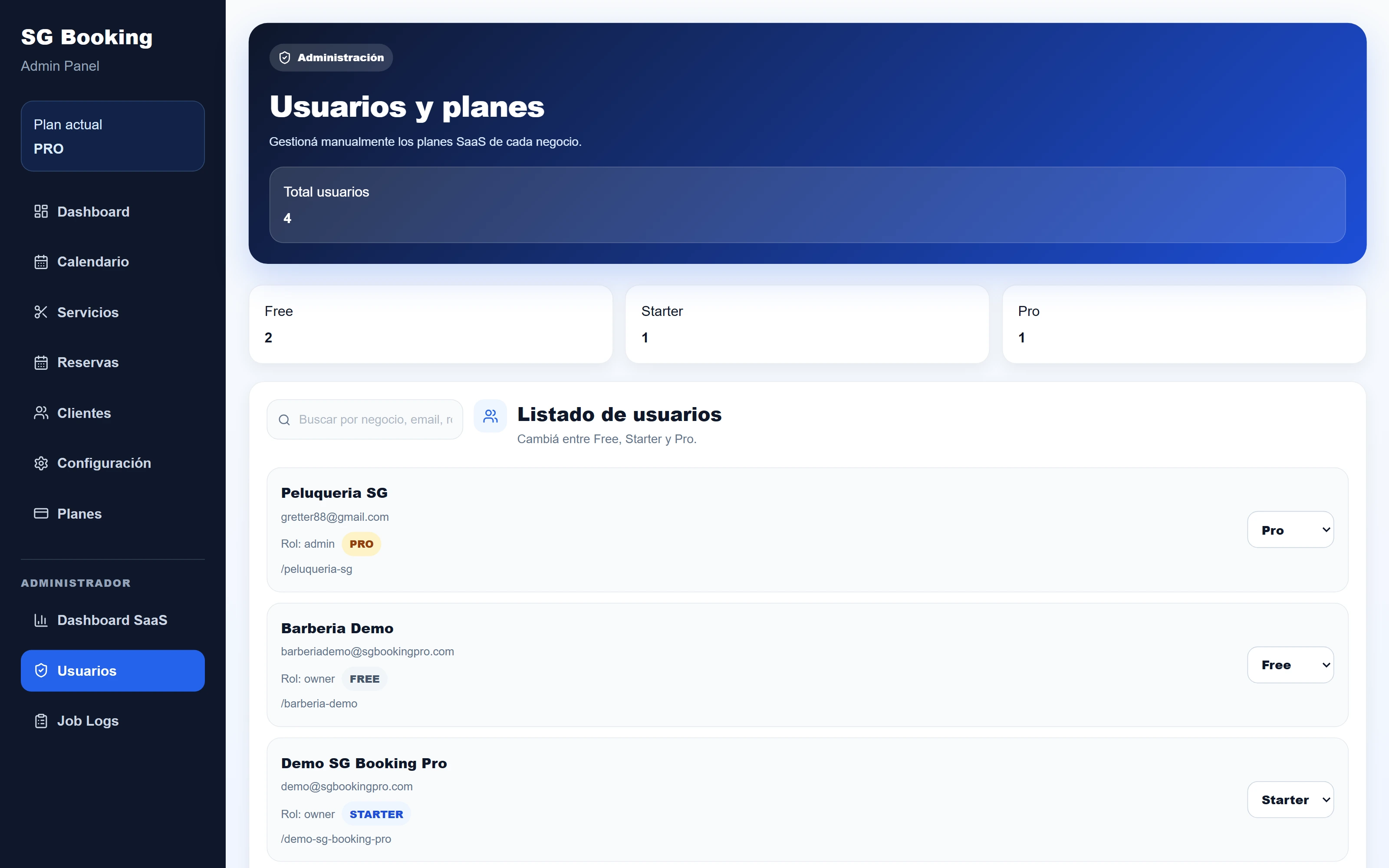 SG Booking Pro — Administrator - Users and Plans