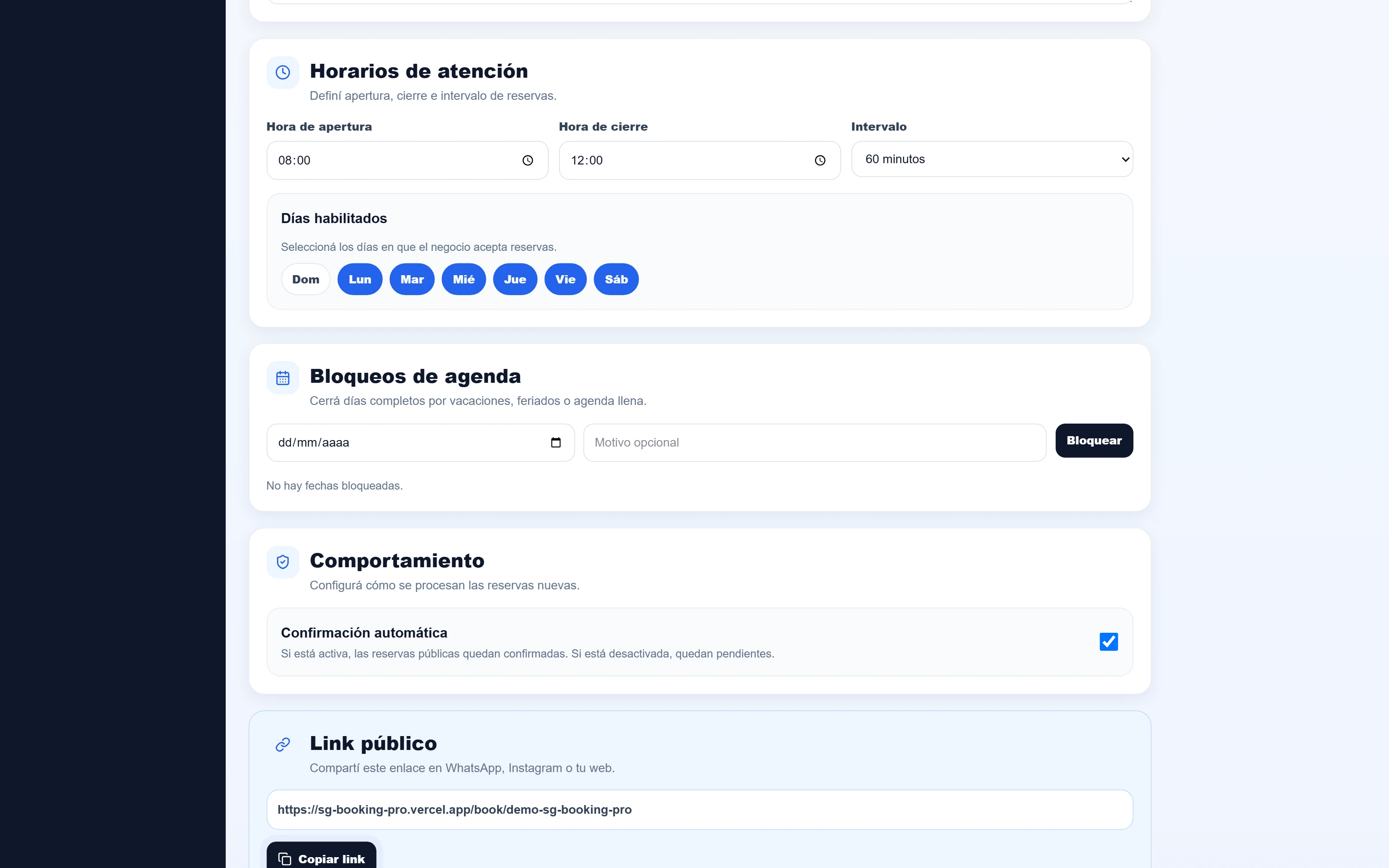 SG Booking Pro — Settings