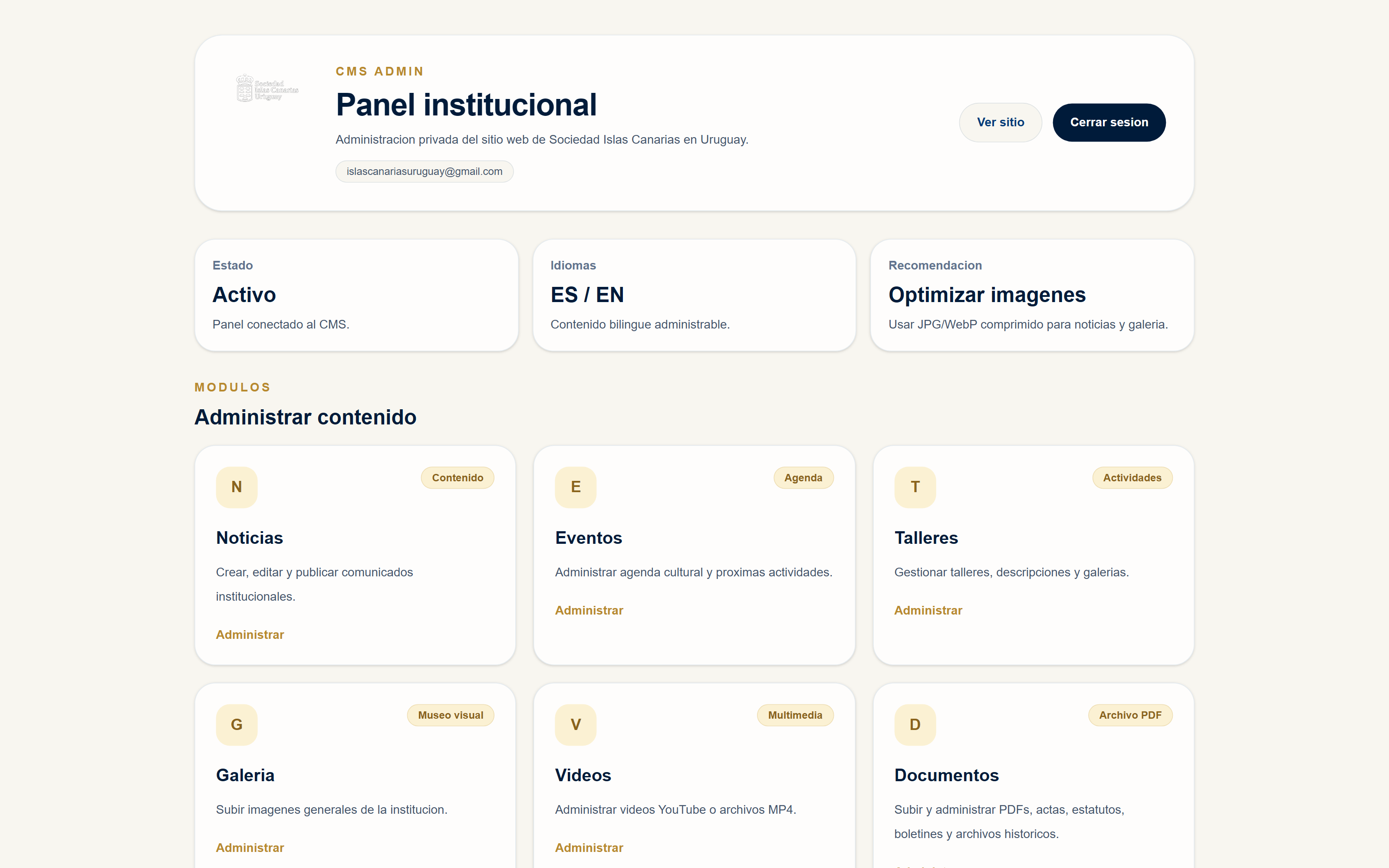 Sociedad Islas Canarias Uruguay — Administrator Dashboard